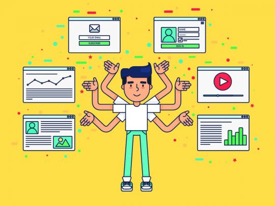 Illustration of man with 6 arms pointing at video metrics