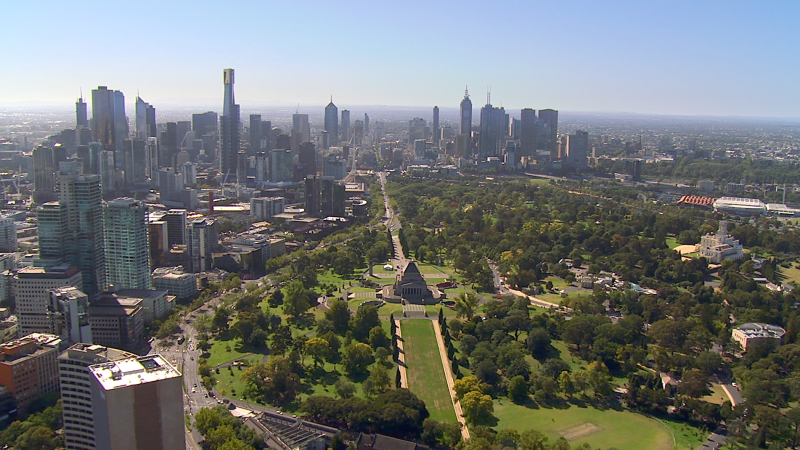 Aerial view of Melbourne looking down on The Shrine